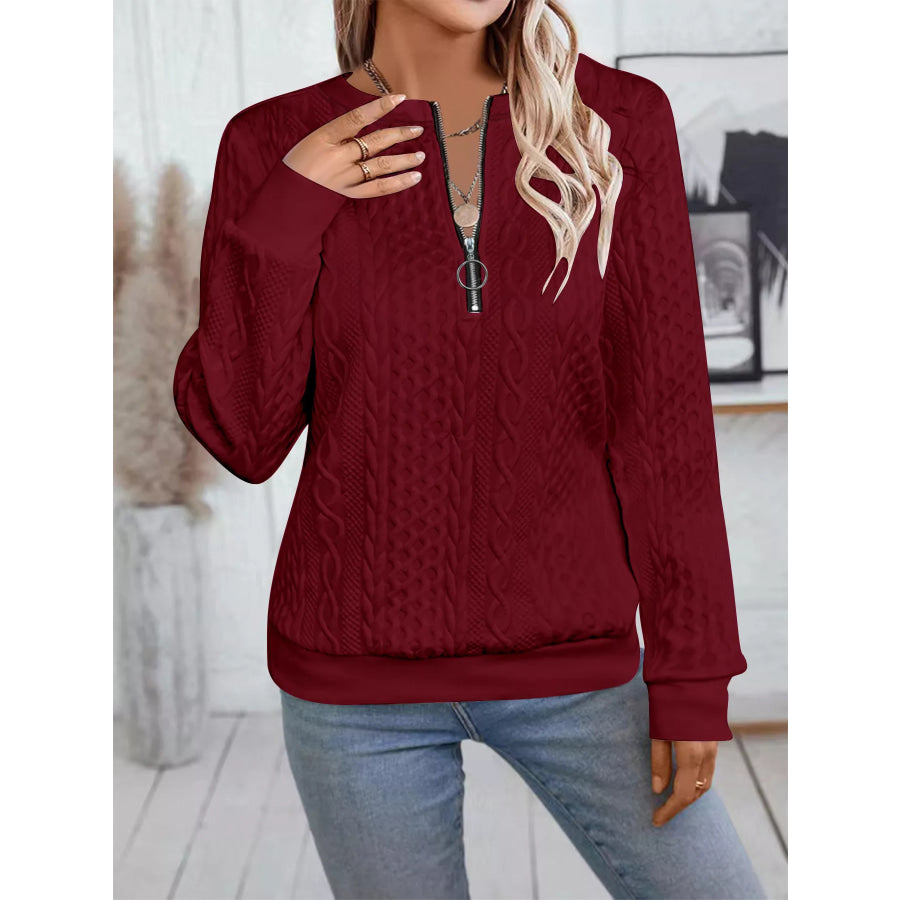 Chic Cable Texture Quarter-Zip Sweatshirt Apparel and Accessories