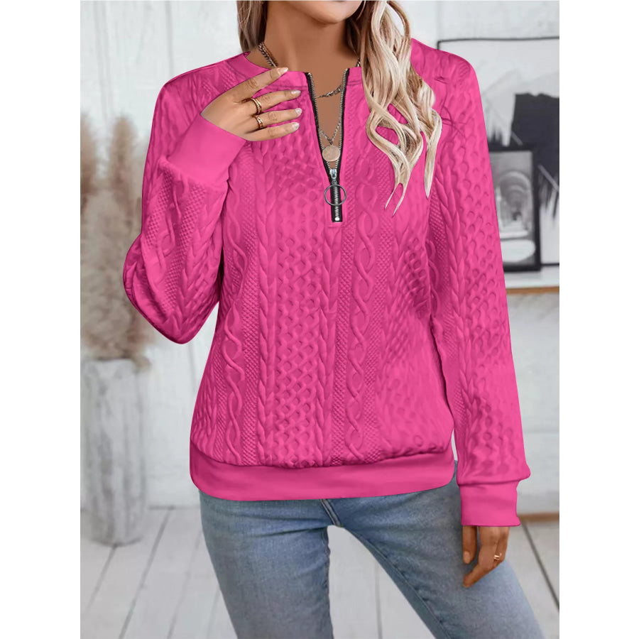 Chic Cable Texture Quarter-Zip Sweatshirt Apparel and Accessories