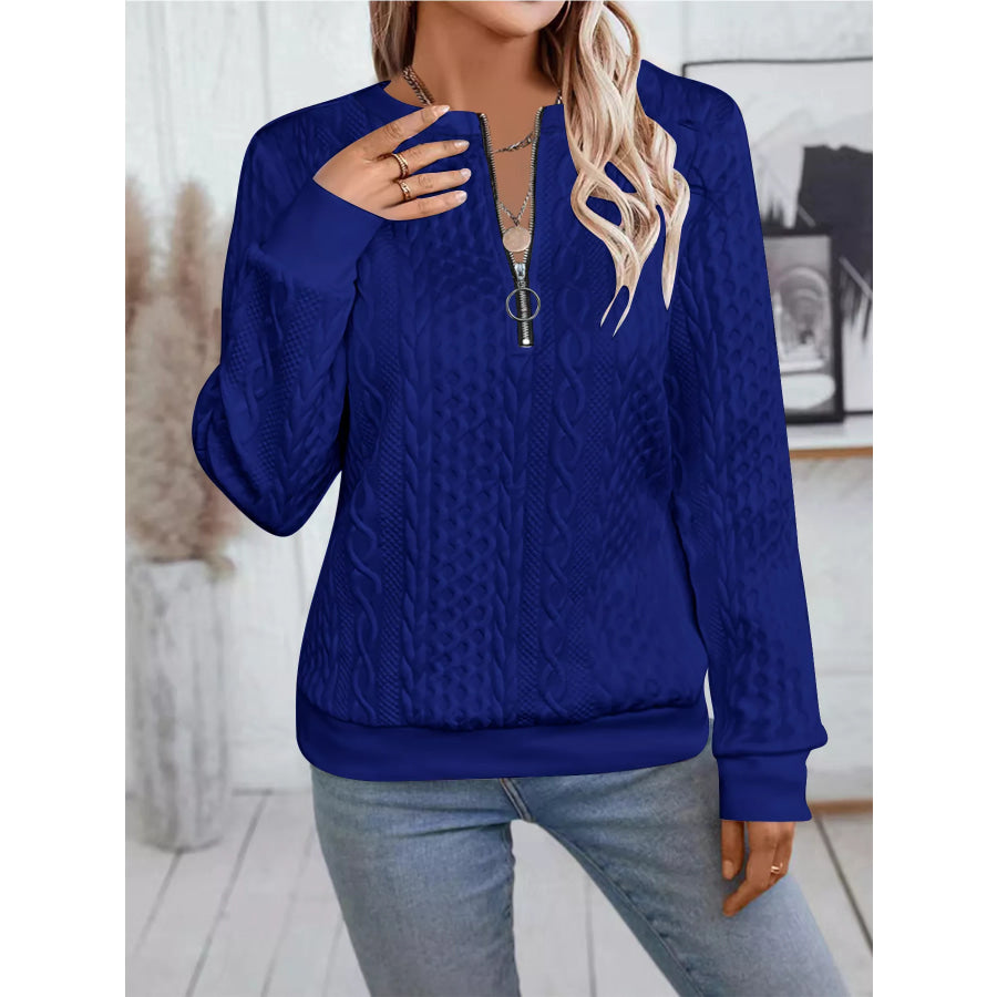 Chic Cable Texture Quarter-Zip Sweatshirt Blue / S Apparel and Accessories