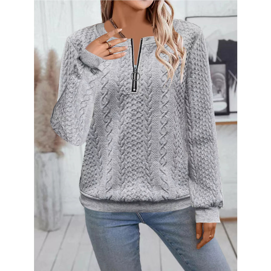 Chic Cable Texture Quarter-Zip Sweatshirt Gray / S Apparel and Accessories
