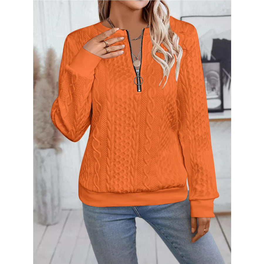 Chic Cable Texture Quarter-Zip Sweatshirt Orange Red / S Apparel and Accessories
