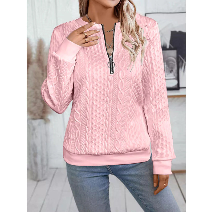 Chic Cable Texture Quarter-Zip Sweatshirt Pink / S Apparel and Accessories