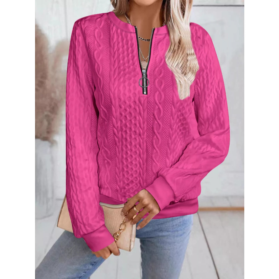 Chic Cable Texture Quarter-Zip Sweatshirt Rose Red / S Apparel and Accessories