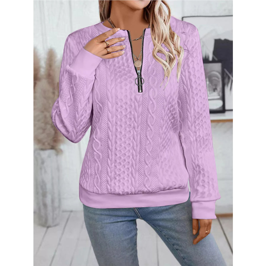 Chic Cable Texture Quarter-Zip Sweatshirt Violet / S Apparel and Accessories