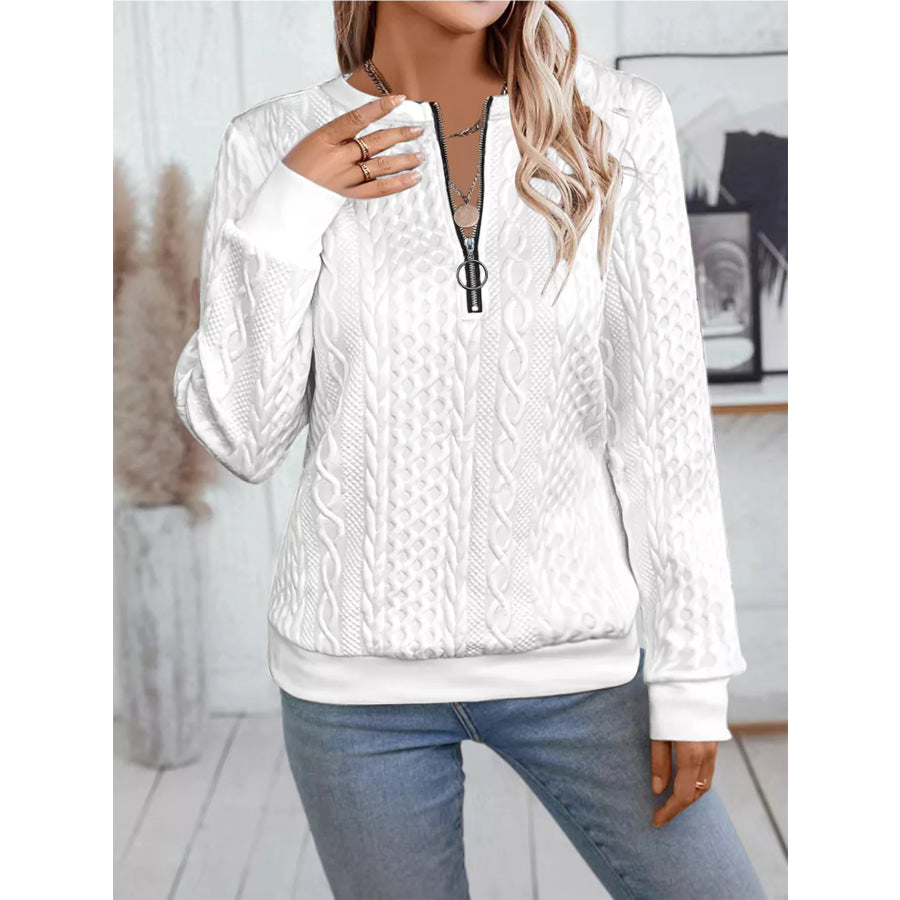 Chic Cable Texture Quarter-Zip Sweatshirt White / S Apparel and Accessories