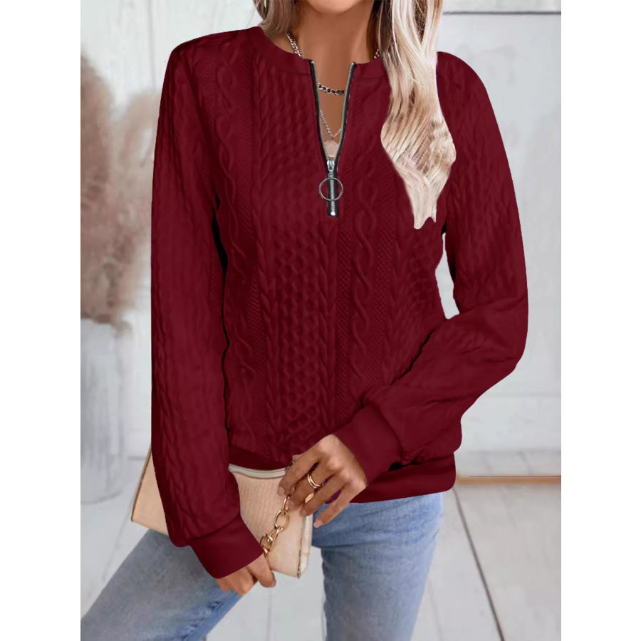 Chic Cable Texture Quarter-Zip Sweatshirt Wine Red / S Apparel and Accessories