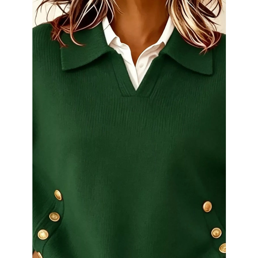 Chic Collared Decor-Button Sweater Apparel and Accessories
