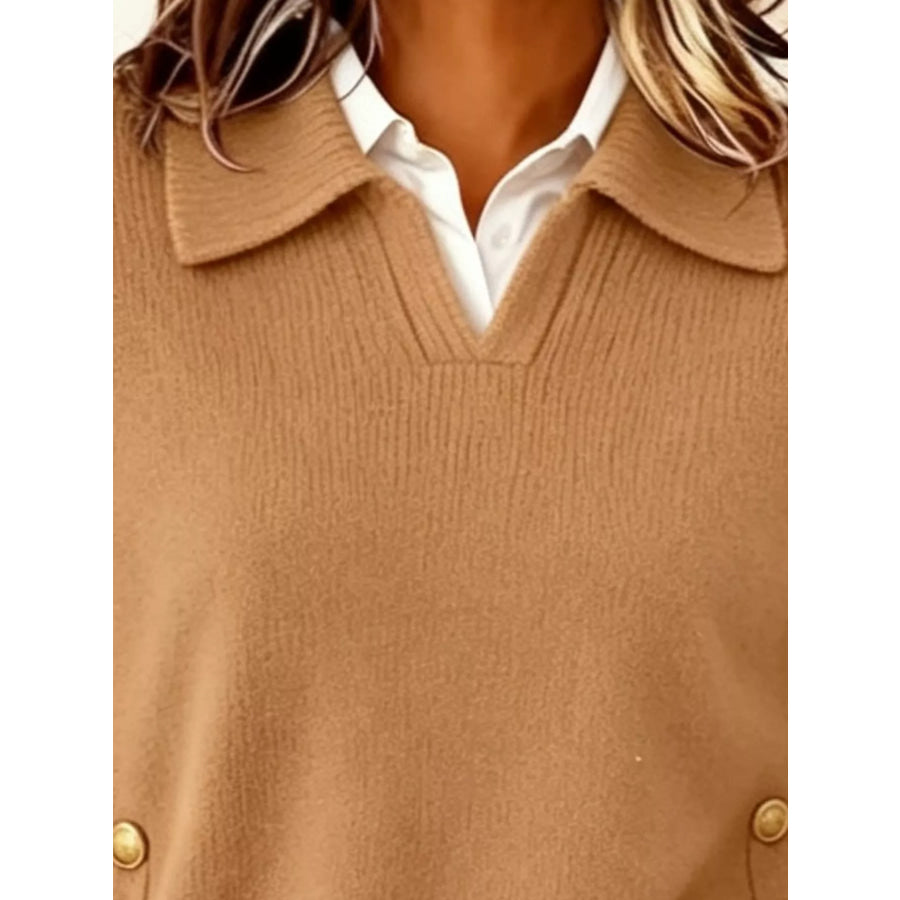 Chic Collared Decor-Button Sweater Apparel and Accessories