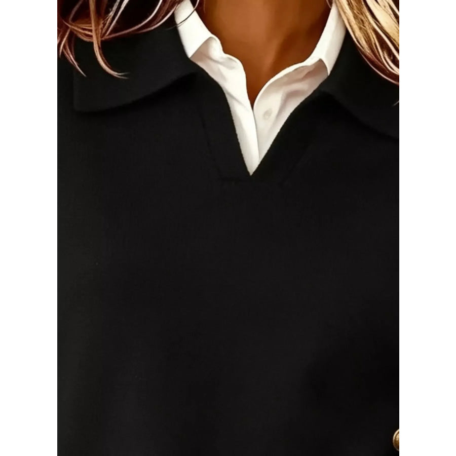 Chic Collared Decor-Button Sweater Apparel and Accessories