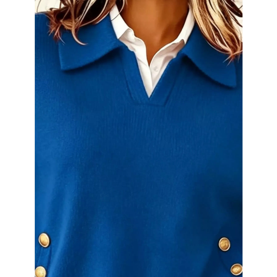 Chic Collared Decor-Button Sweater Apparel and Accessories