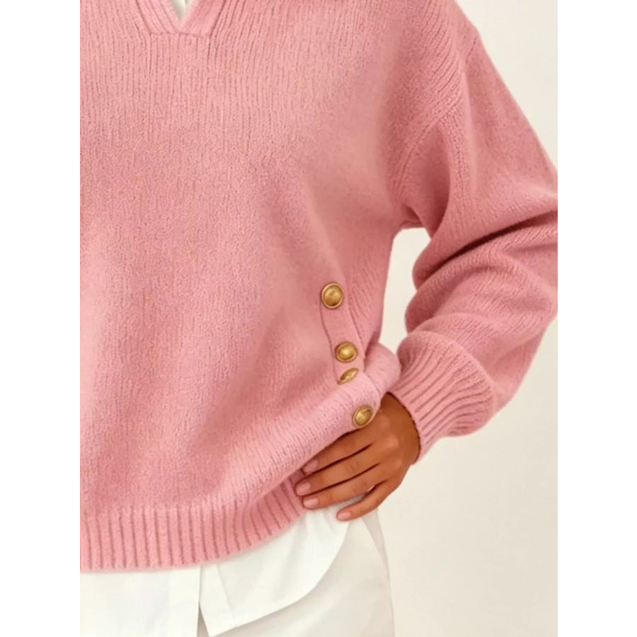 Chic Collared Decor-Button Sweater Apparel and Accessories