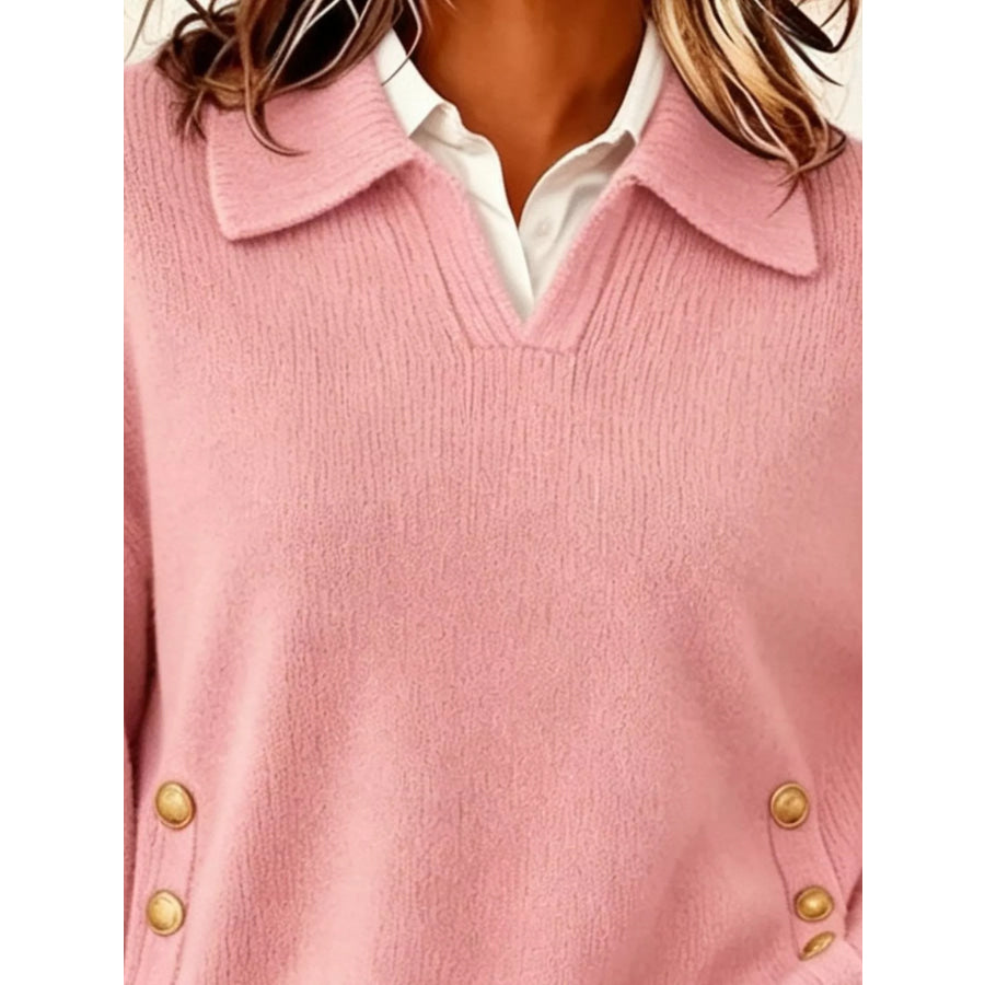 Chic Collared Decor-Button Sweater Apparel and Accessories