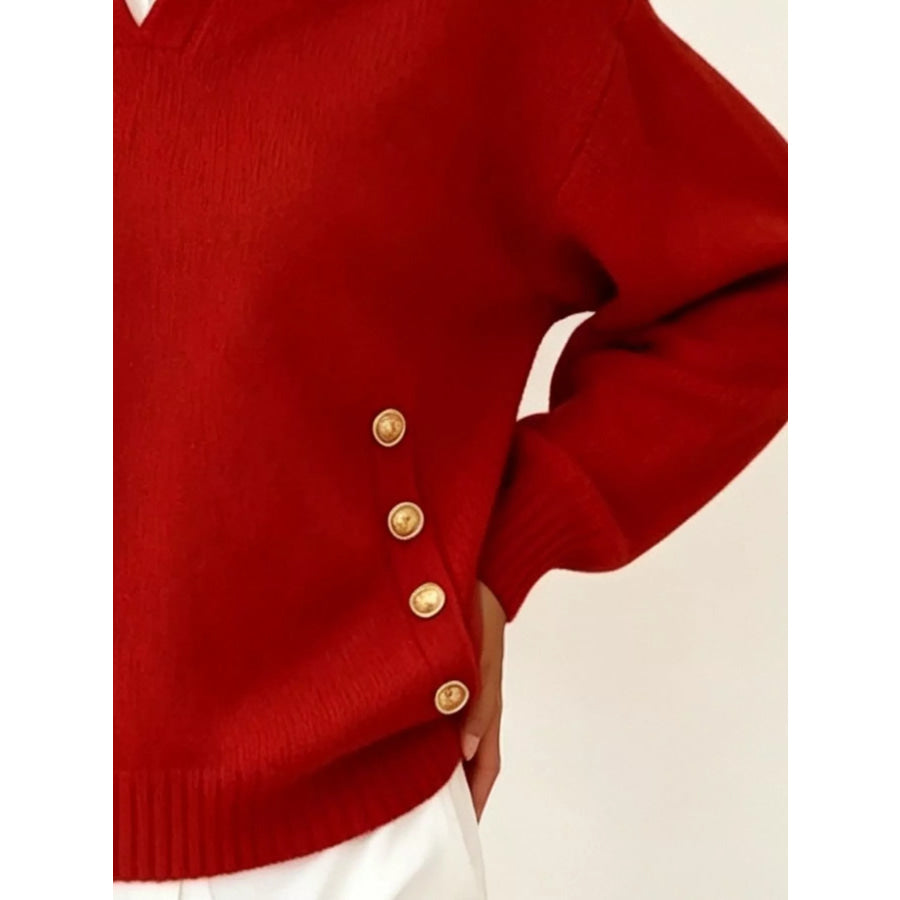 Chic Collared Decor-Button Sweater Apparel and Accessories