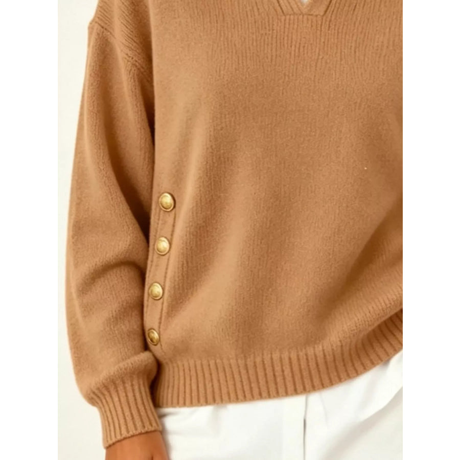 Chic Collared Decor-Button Sweater Apparel and Accessories