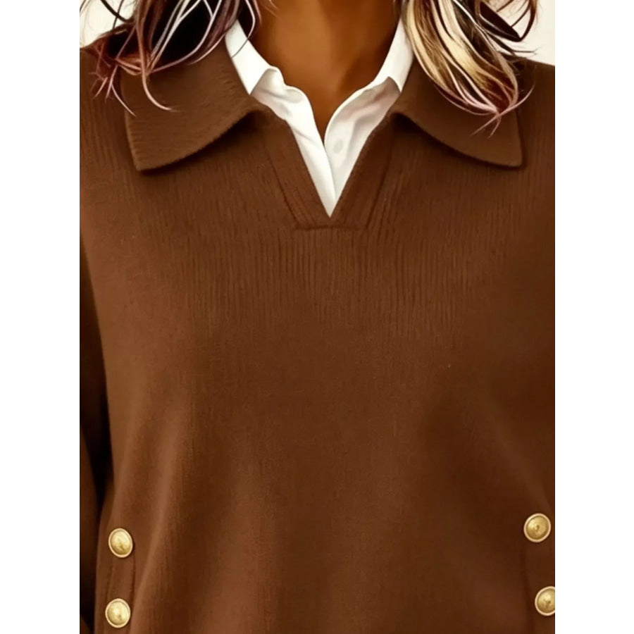 Chic Collared Decor-Button Sweater Apparel and Accessories