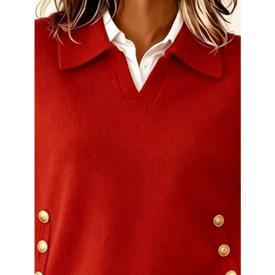 Chic Collared Decor-Button Sweater Apparel and Accessories