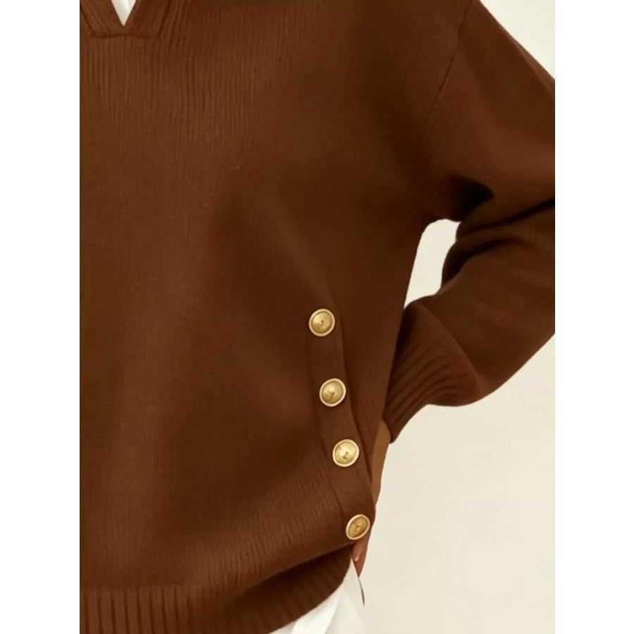 Chic Collared Decor-Button Sweater Apparel and Accessories