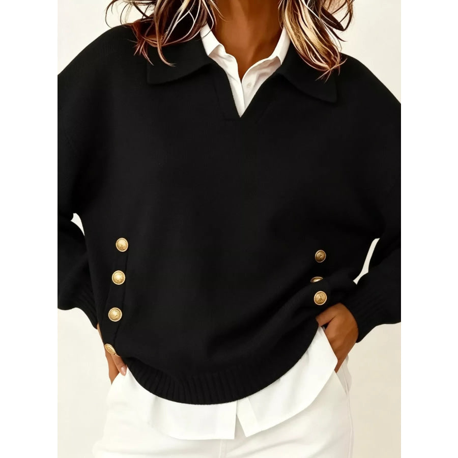 Chic Collared Decor-Button Sweater Black / S Apparel and Accessories