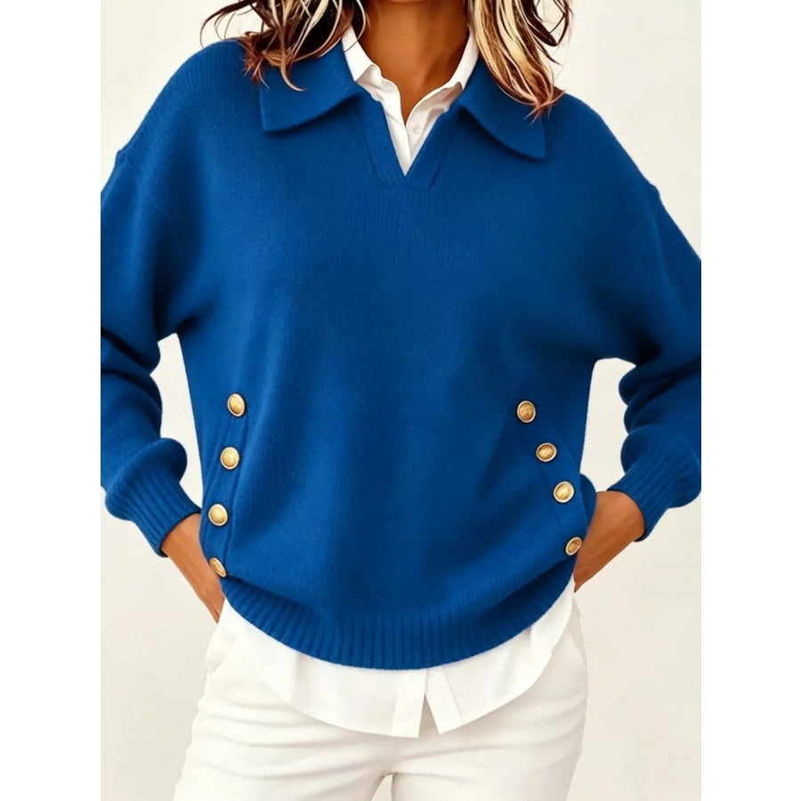 Chic Collared Decor-Button Sweater Blue / S Apparel and Accessories