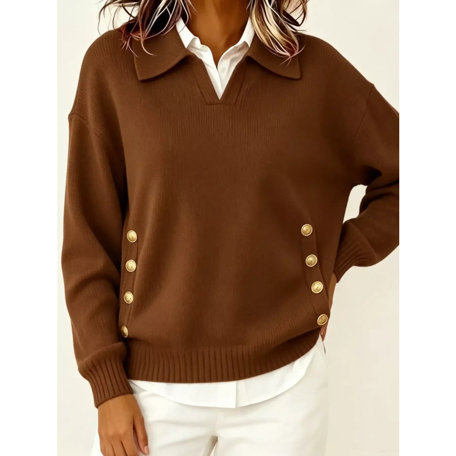 Chic Collared Decor-Button Sweater Brown / S Apparel and Accessories