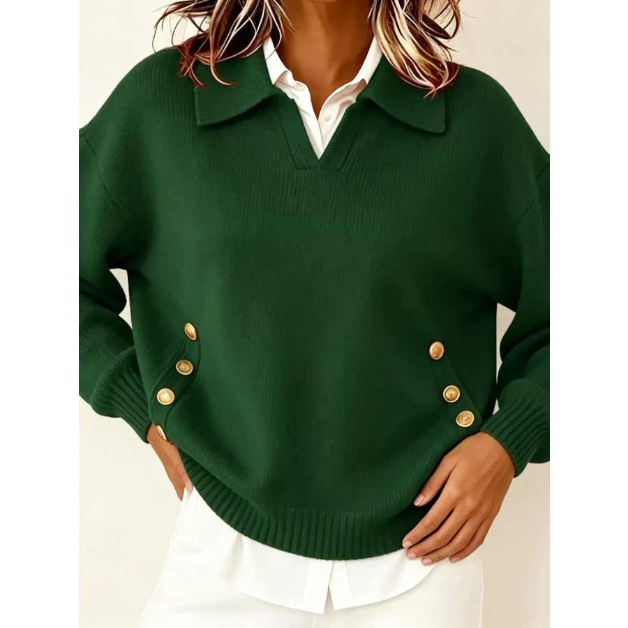 Chic Collared Decor-Button Sweater Green / S Apparel and Accessories