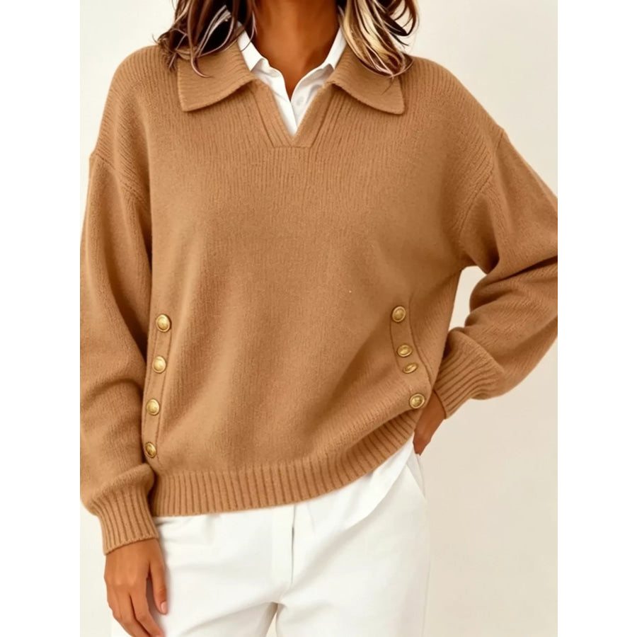 Chic Collared Decor-Button Sweater Orange-red / S Apparel and Accessories