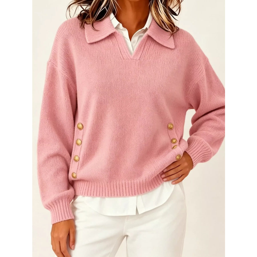 Chic Collared Decor-Button Sweater Pink / S Apparel and Accessories