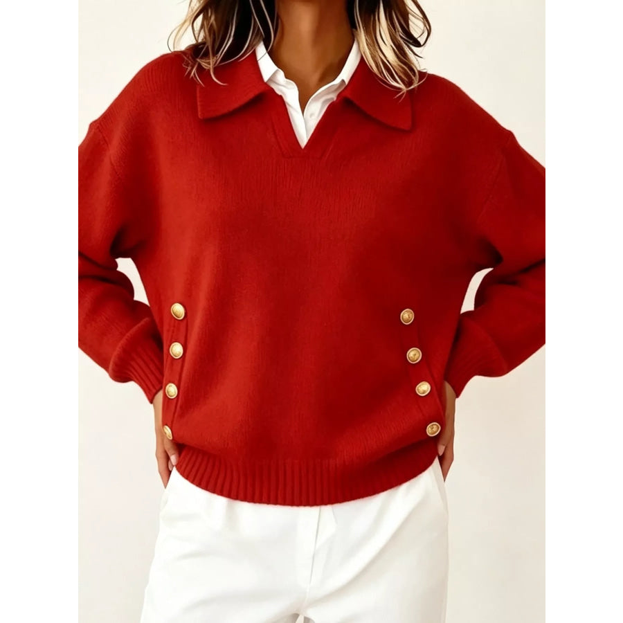 Chic Collared Decor-Button Sweater Red / S Apparel and Accessories