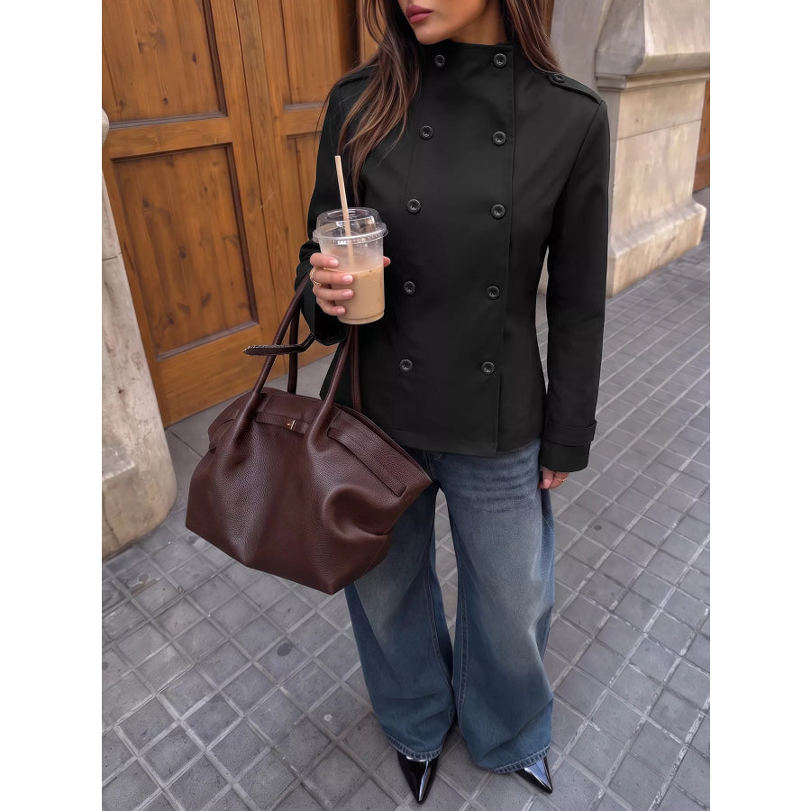 Chic Double-Breasted Military-Style Stand Collar Jacket Apparel and Accessories