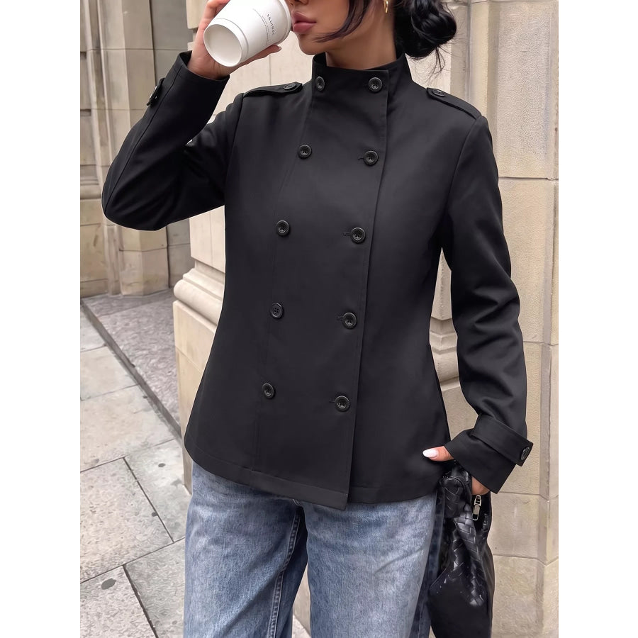 Chic Double-Breasted Military-Style Stand Collar Jacket Apparel and Accessories