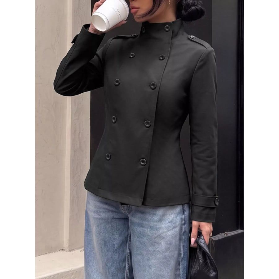 Chic Double-Breasted Military-Style Stand Collar Jacket Apparel and Accessories