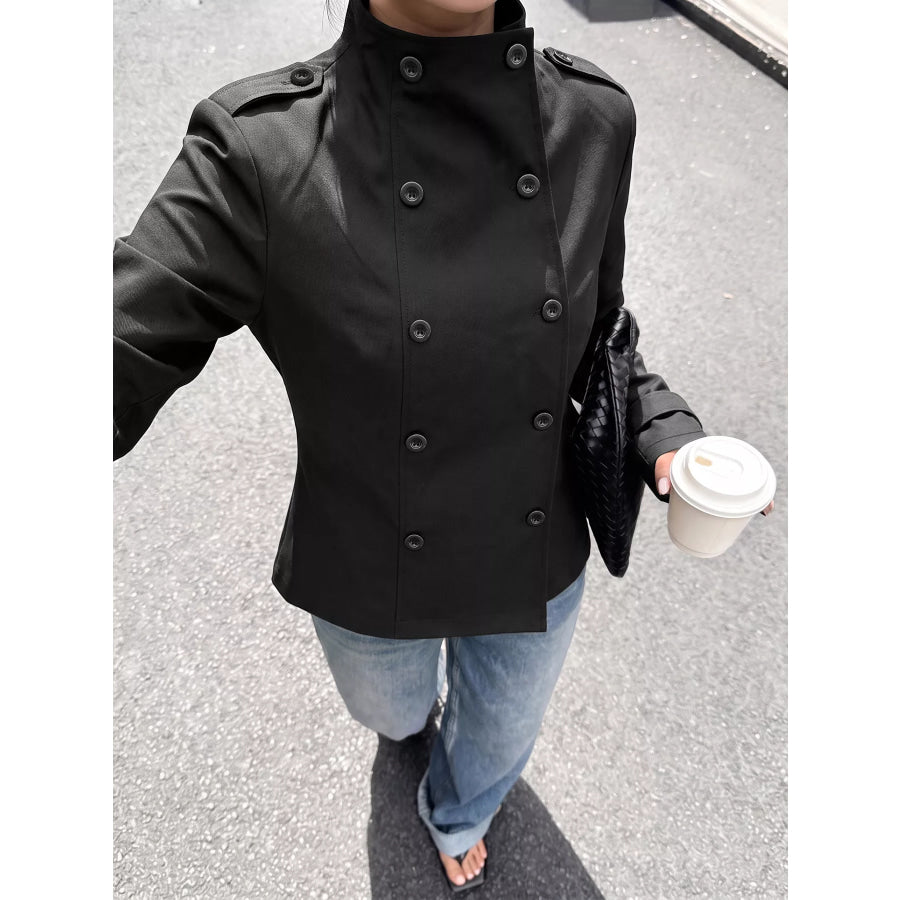 Chic Double-Breasted Military-Style Stand Collar Jacket Black / S Apparel and Accessories