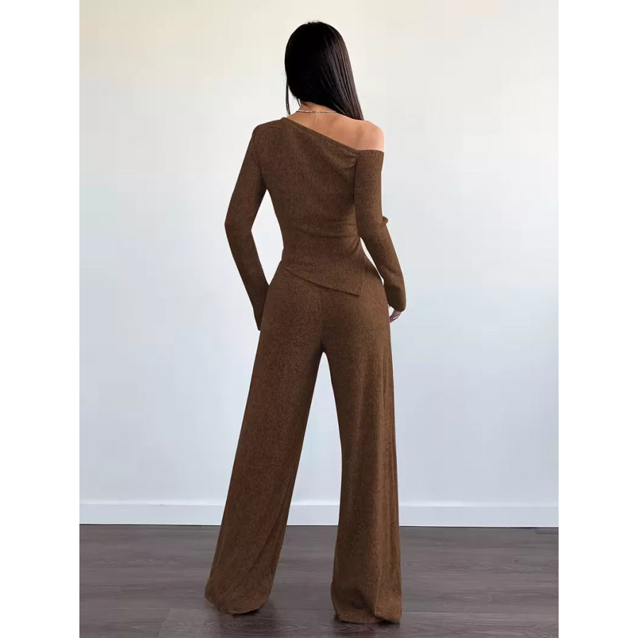 Chic One-Shoulder Asymmetrical Top and Wide-Leg Pants Set Apparel and Accessories