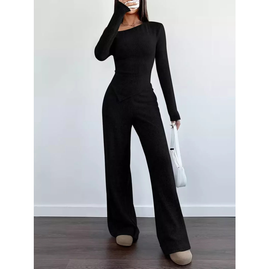 Chic One-Shoulder Asymmetrical Top and Wide-Leg Pants Set Apparel and Accessories