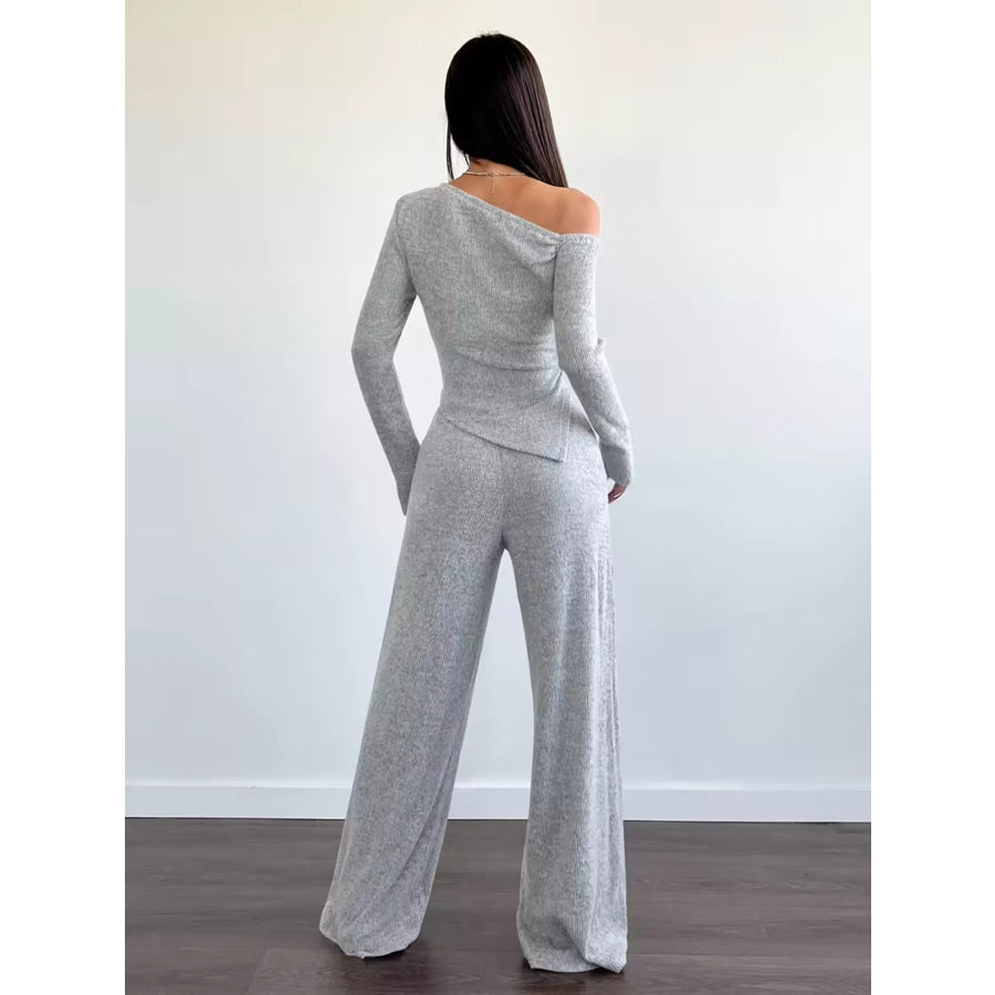 Chic One-Shoulder Asymmetrical Top and Wide-Leg Pants Set Apparel and Accessories
