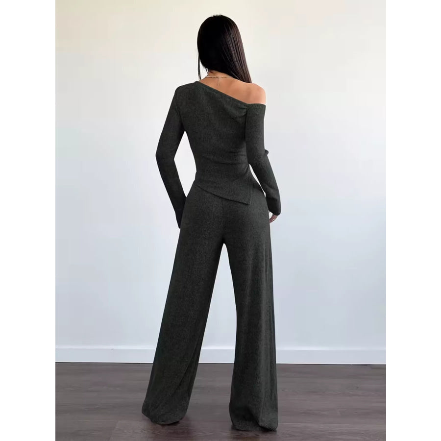 Chic One-Shoulder Asymmetrical Top and Wide-Leg Pants Set Apparel and Accessories