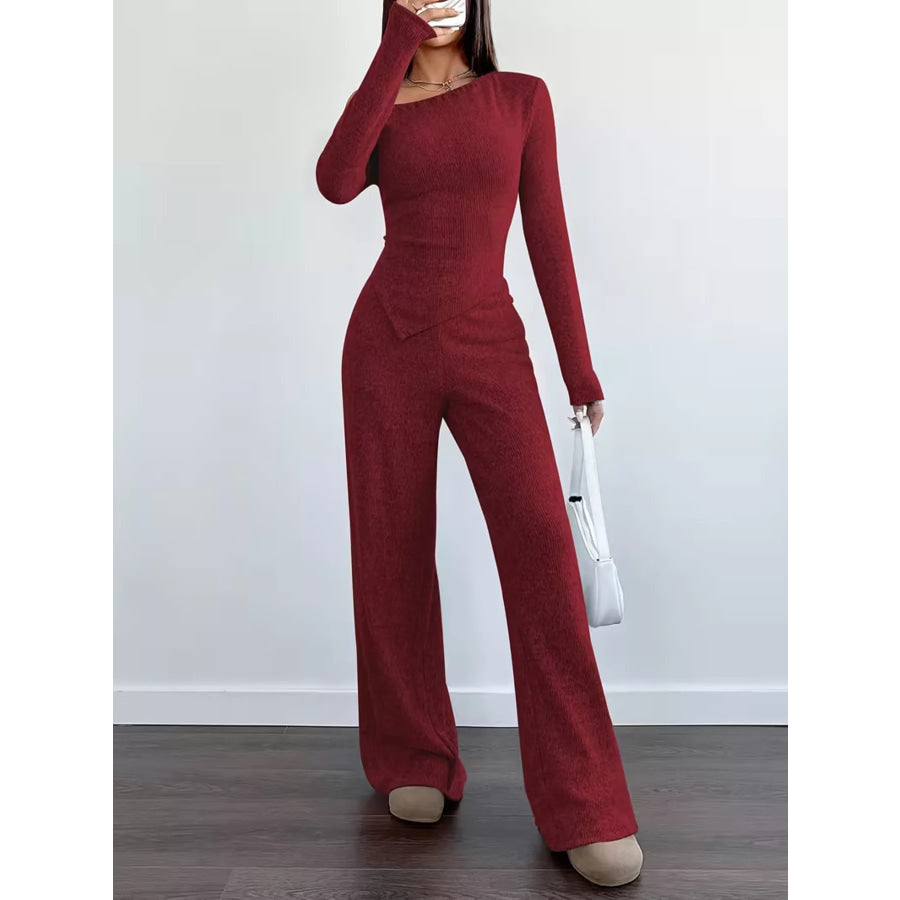 Chic One-Shoulder Asymmetrical Top and Wide-Leg Pants Set Apparel and Accessories