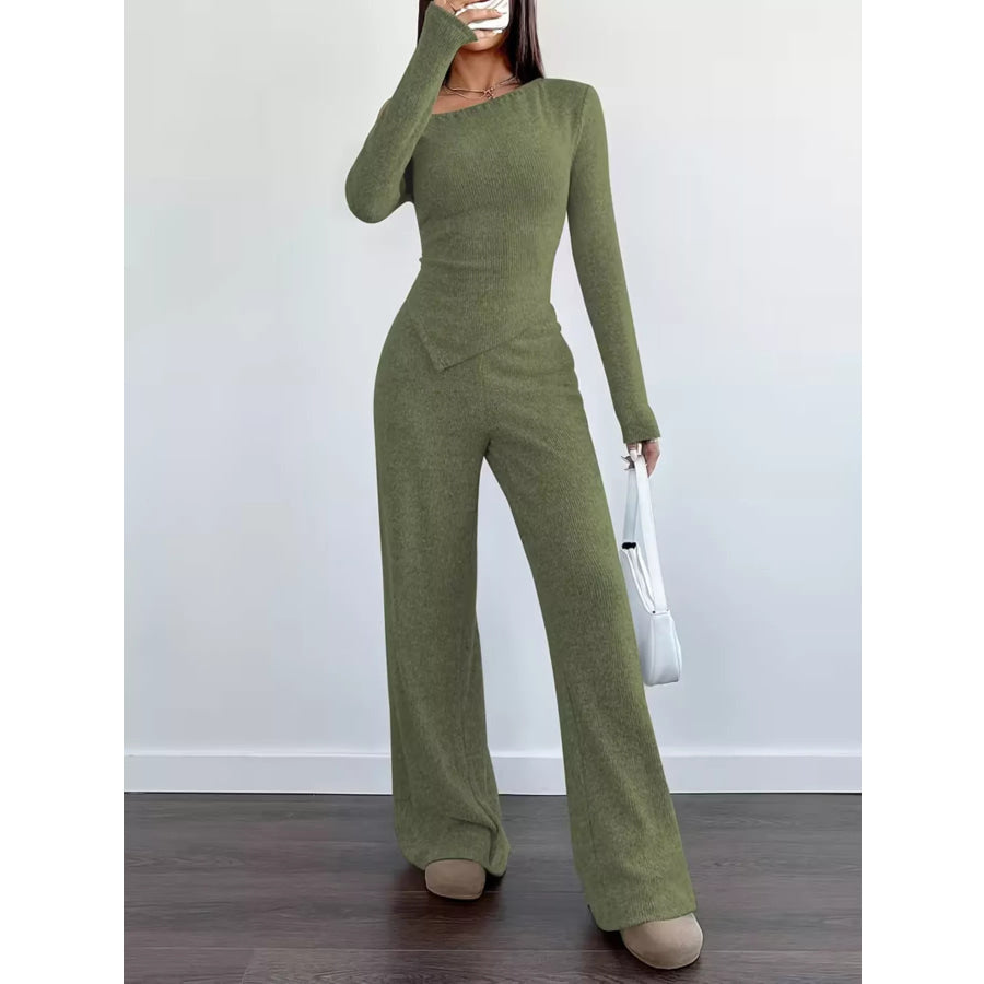 Chic One-Shoulder Asymmetrical Top and Wide-Leg Pants Set Apparel and Accessories
