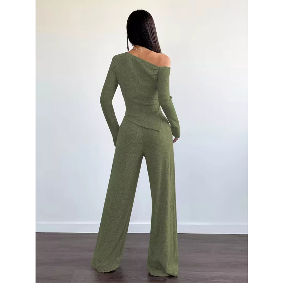 Chic One-Shoulder Asymmetrical Top and Wide-Leg Pants Set Apparel and Accessories