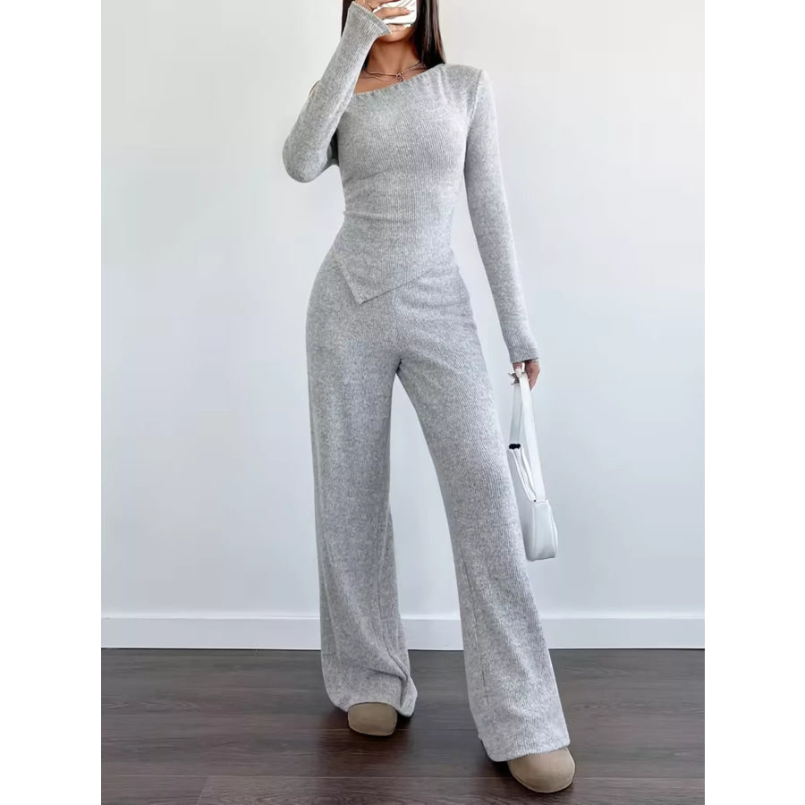 Chic One-Shoulder Asymmetrical Top and Wide-Leg Pants Set Apparel and Accessories