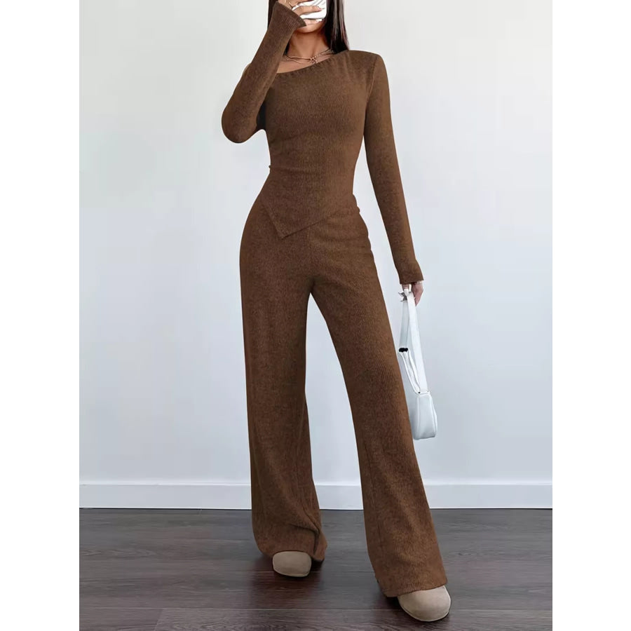 Chic One-Shoulder Asymmetrical Top and Wide-Leg Pants Set Apparel and Accessories