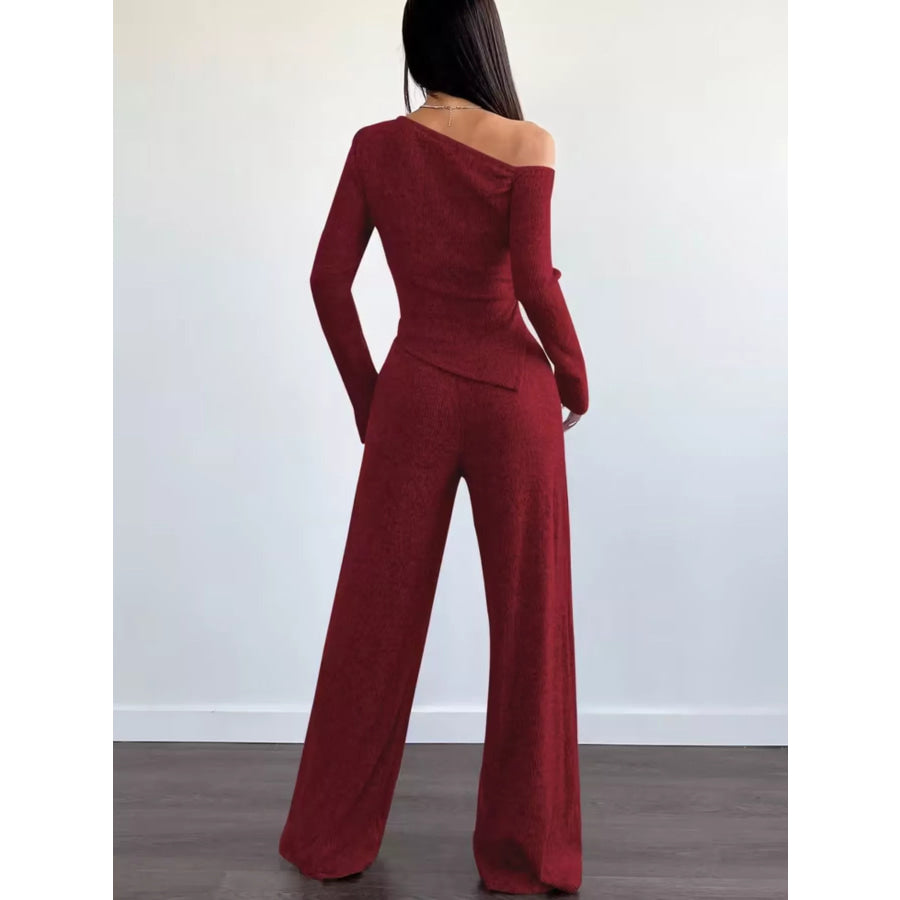 Chic One-Shoulder Asymmetrical Top and Wide-Leg Pants Set Apparel and Accessories