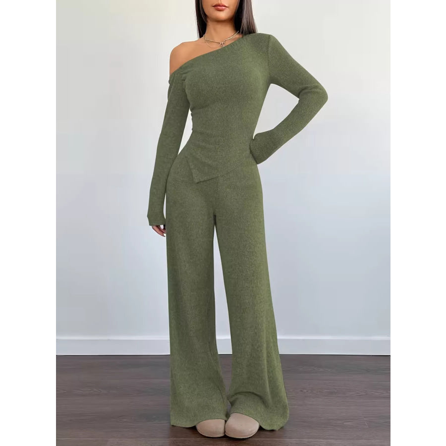 Chic One-Shoulder Asymmetrical Top and Wide-Leg Pants Set Army Green / S Apparel and Accessories