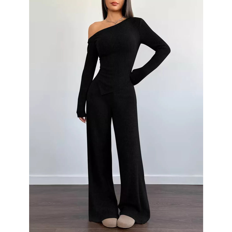 Chic One-Shoulder Asymmetrical Top and Wide-Leg Pants Set Black / S Apparel and Accessories