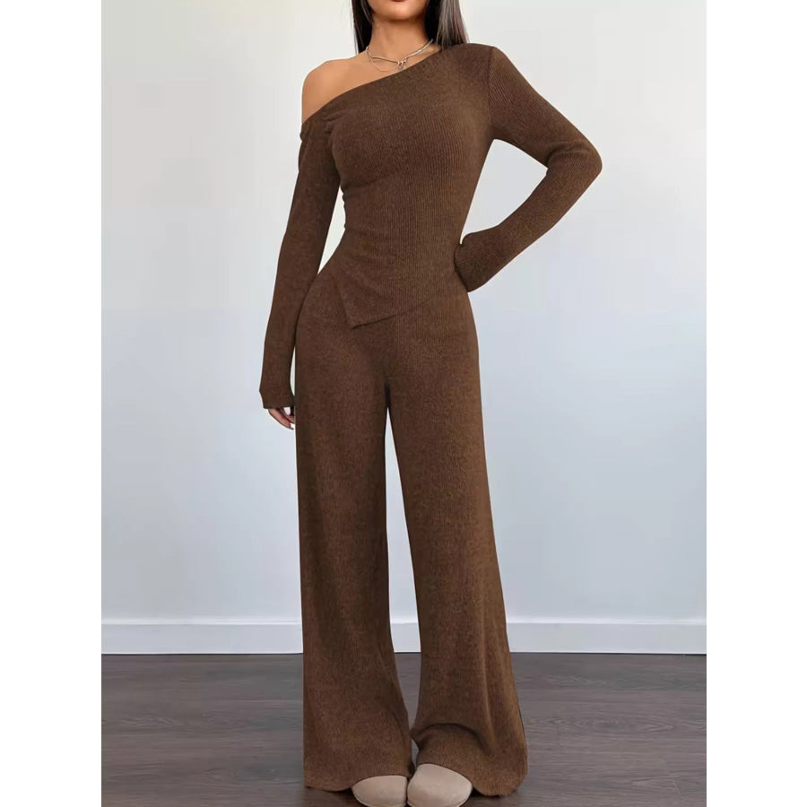 Chic One-Shoulder Asymmetrical Top and Wide-Leg Pants Set Brown / S Apparel and Accessories