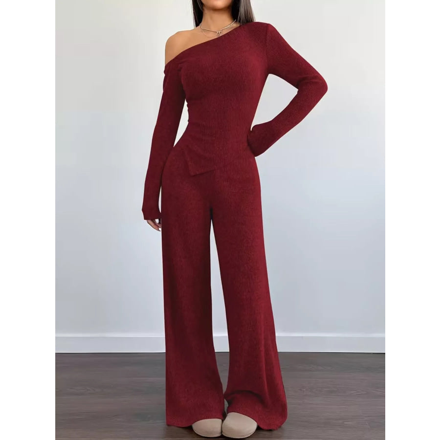 Chic One-Shoulder Asymmetrical Top and Wide-Leg Pants Set Burgundy / S Apparel and Accessories