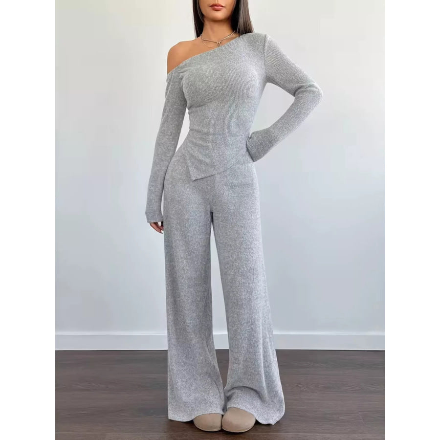 Chic One-Shoulder Asymmetrical Top and Wide-Leg Pants Set Light Gray / S Apparel and Accessories