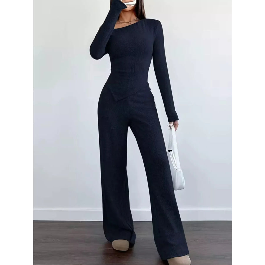 Chic One-Shoulder Asymmetrical Top and Wide-Leg Pants Set Navy / S Apparel and Accessories