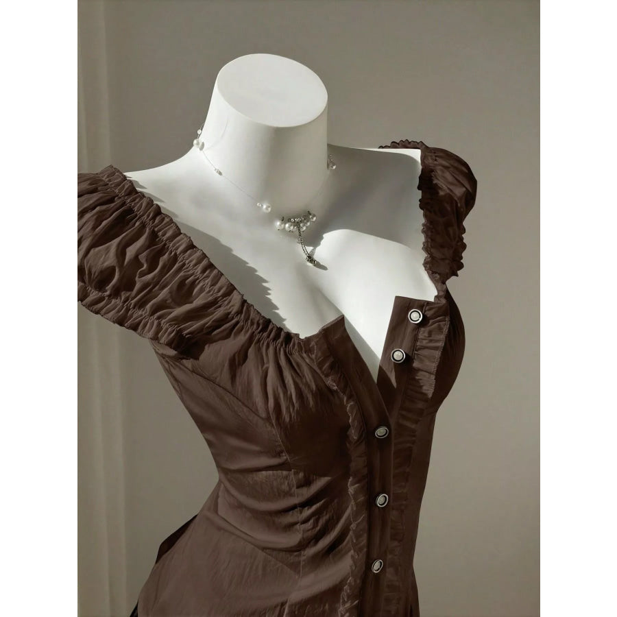 Chic Puff Sleeve Ruched Button-Up Blouse Apparel and Accessories