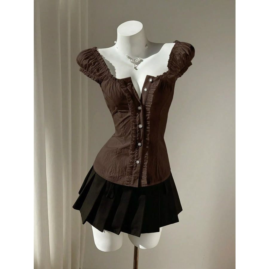 Chic Puff Sleeve Ruched Button-Up Blouse Brown / XS Apparel and Accessories